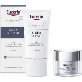 Eucerin UreaRepair Tag Gesichtscreme 5% 50 ml + gratis Anti Age Hyaluron Filler Tagespflege LSF 15 20 ml