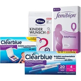 Clearblue Fertilitätsmonitor 2.0 und Teststäbchen + Femibion 0 Babyplanung + Ritex Kinderwunsch Gleitmittel