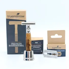 truemorrow Shaving Starter-Set (mit Premium Rasierhobel, Ständer und 10 Klingen) Bambus-chrom