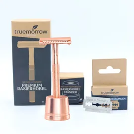 truemorrow Shaving Starter-Set (mit Premium Rasierhobel, Ständer und 10 Klingen) rosé