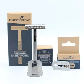 truemorrow Shaving Starter-Set (mit Premium Rasierhobel, Ständer und 10 Klingen) chrom