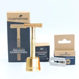 truemorrow Shaving Starter-Set (mit Premium Rasierhobel, Ständer und 10 Klingen) gold