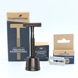 truemorrow Shaving Starter-Set (mit Premium Rasierhobel, Ständer und 10 Klingen) schwarz