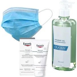 Mund- & Nasenschutz Einweg 3-lagig 50 Stück + Ducray Hygiene-Gel + Eucerin® AtopiControl Hand Intensiv-Creme