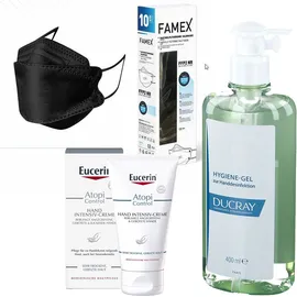 Famex Ffp2 Maske schwarz 5-lagig, 10 Stück + Ducray Hygiene-Gel + Eucerin® AtopiControl Hand Intensiv-Creme