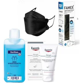 Famex Ffp2 Maske schwarz 5-lagig, 10 Stück + Sterillium® Lösung zur Händedesinfektion + Eucerin® AtopiControl Hand Intensiv-Creme