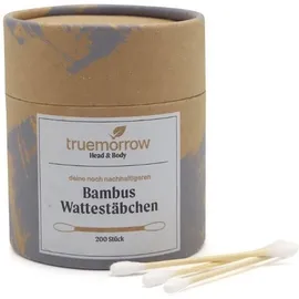 truemorrow Bambus-Wattestäbchen 200Stk in edler, runder Papierverpackung.